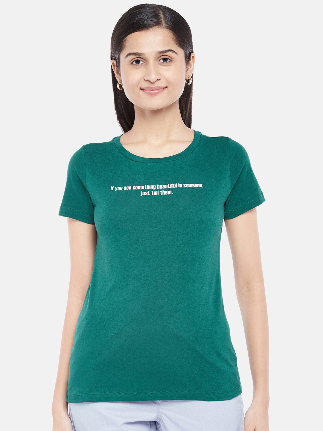 

Honey by Pantaloons Women Teal Green Typography Printed T-shirt