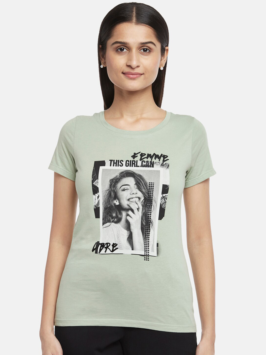 

Honey by Pantaloons Women Green Printed T-shirt