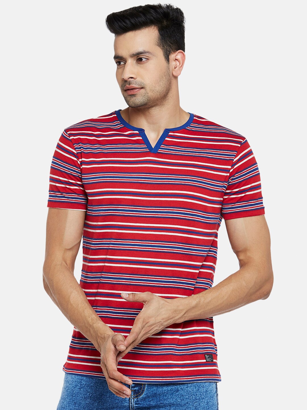 

People Men Red & Blue Striped T-shirt