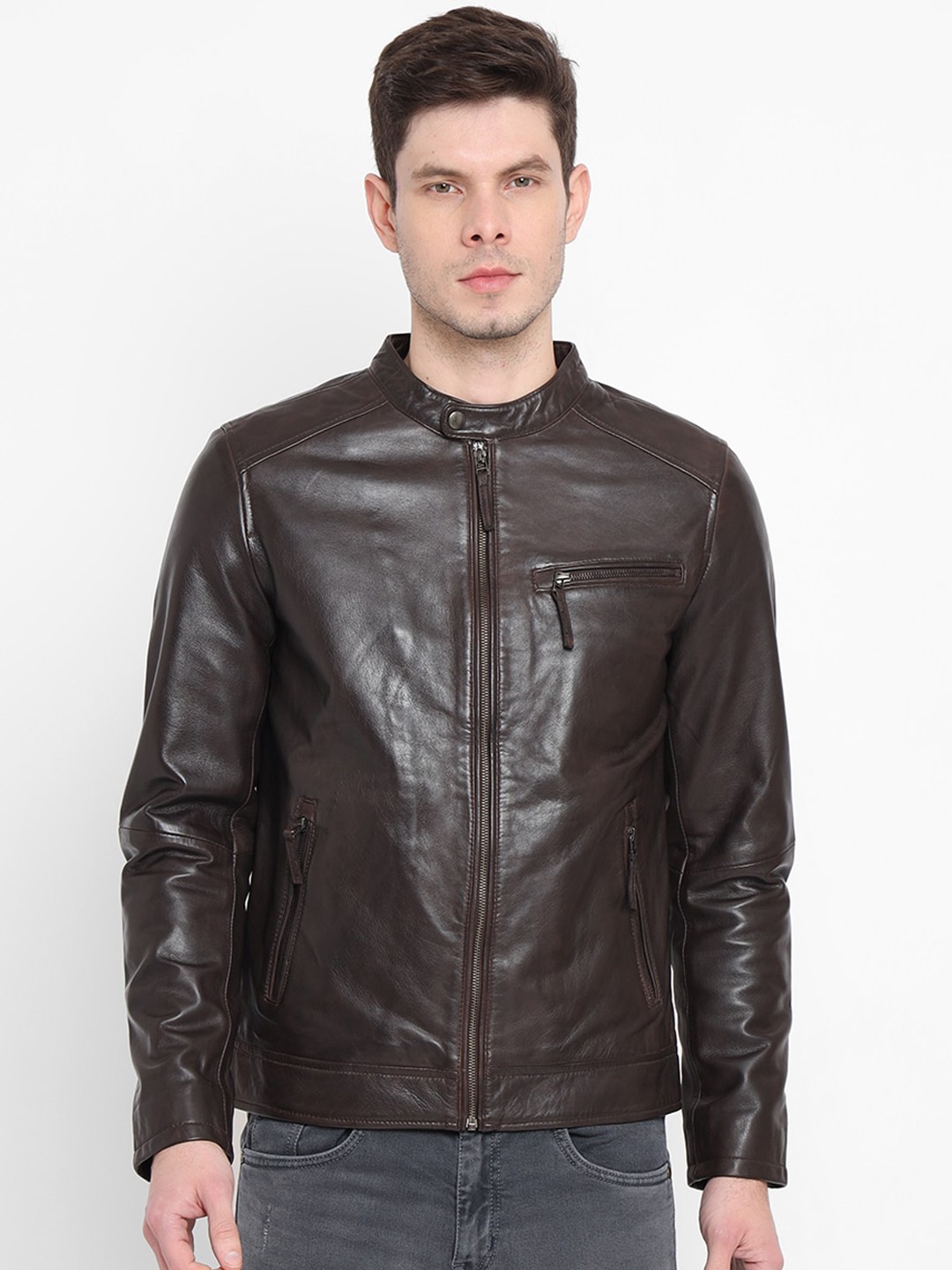 

WELBAWT Men Coffee Brown Leather Lightweight e-Dry Technology Leather Jacket