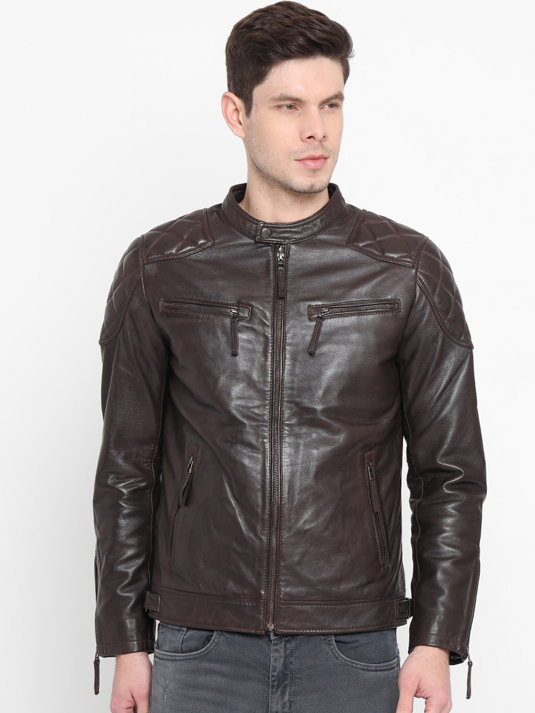 

WELBAWT Men Coffee Brown Leather Lightweight e-Dry Technology Biker Jacket