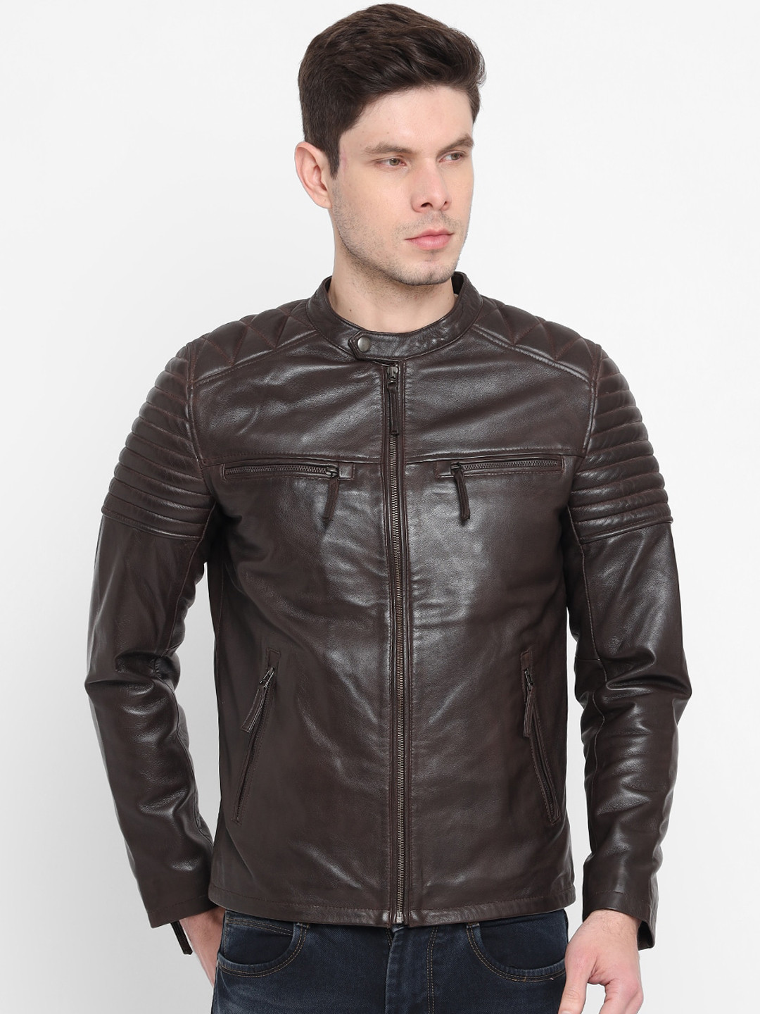 

WELBAWT Men Coffee Brown Leather Biker Jacket