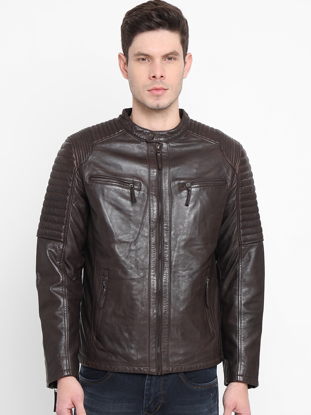 

WELBAWT Men Coffee Brown Lightweight e-Dry Technology Leather Jacket