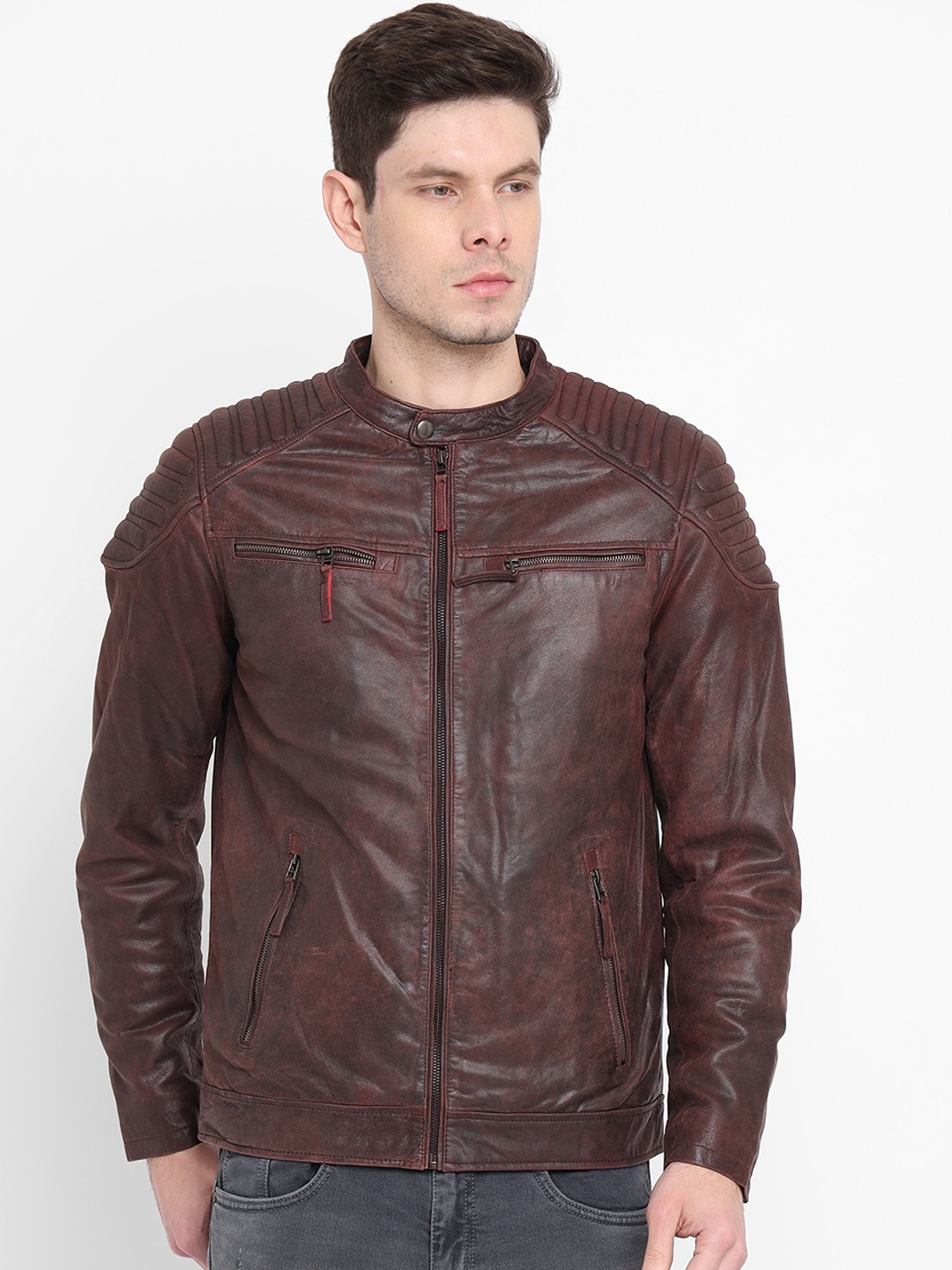 

WELBAWT Men Maroon Camouflage Leather Lightweight e-Dry Technology Biker Jacket