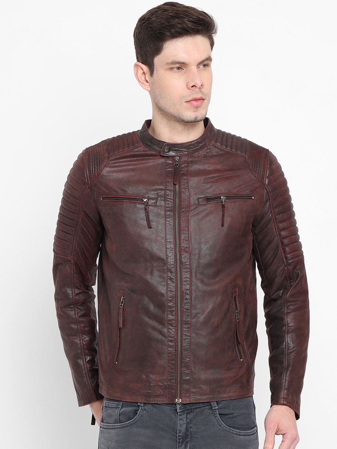 

WELBAWT Men Maroon Leather Lightweight e-Dry Technology Biker Jacket