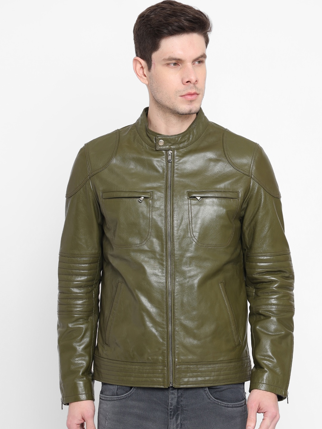 

WELBAWT Men Olive Green Leather Lightweight e-Dry Technology Biker Jacket