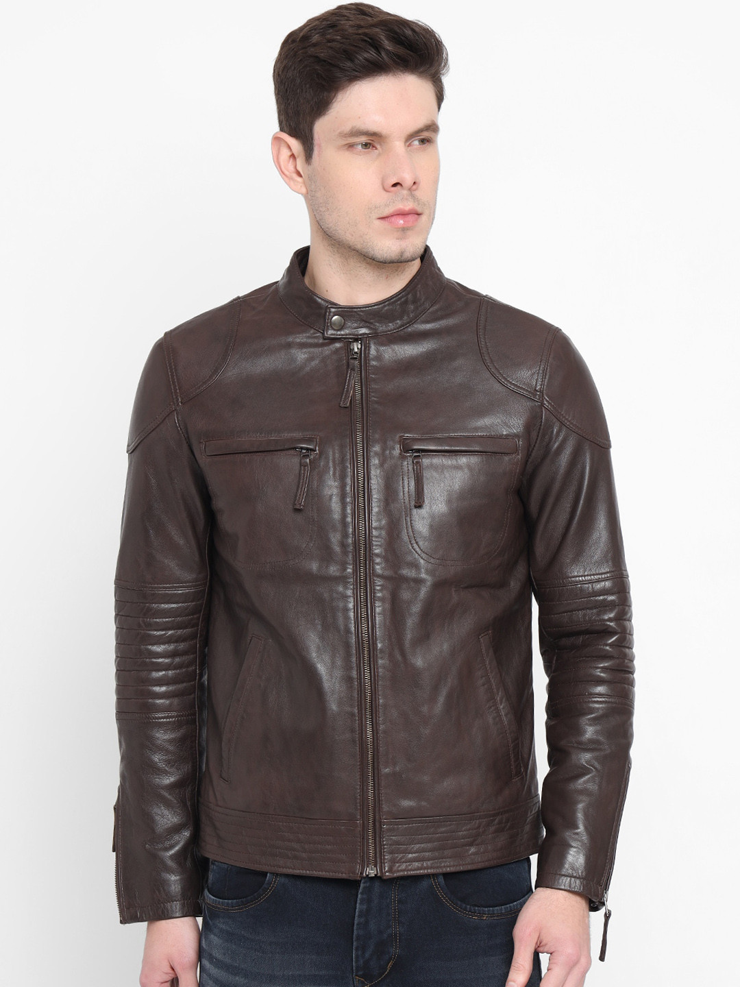 

WELBAWT Men Coffee Brown Leather Lightweight e-Dry Technology Biker Jacket