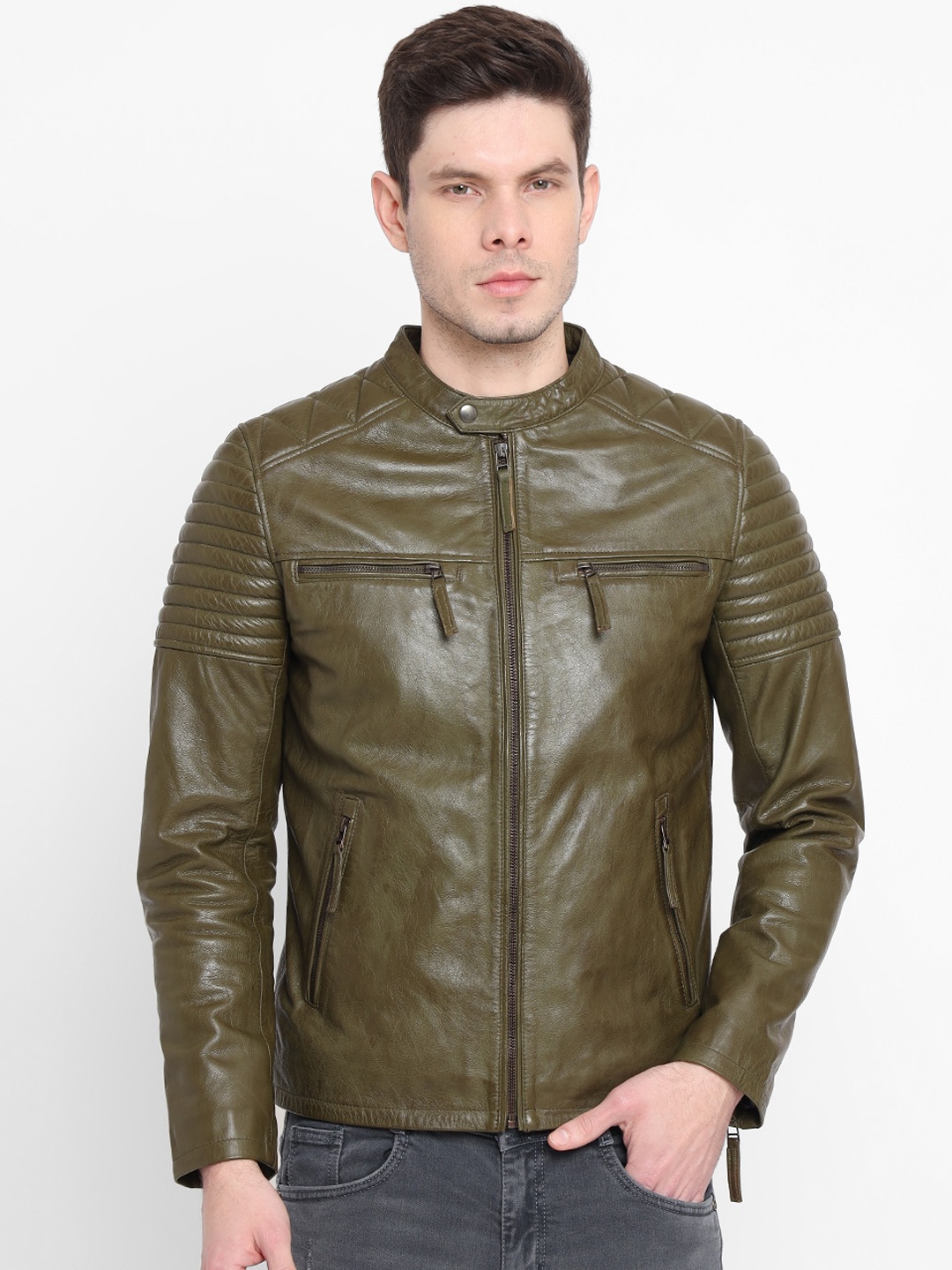

WELBAWT Men Olive Green Leather Biker Jacket