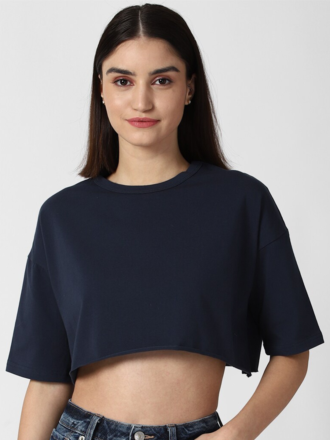 

FOREVER 21 Women Navy Blue Solid Drop-Shoulder Sleeves Cropped T-shirt