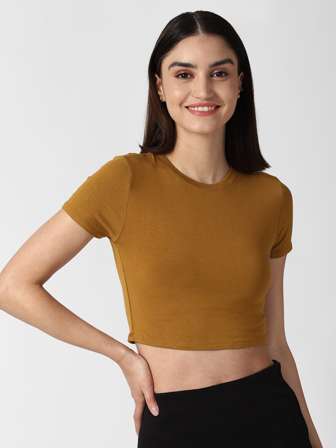 

FOREVER 21 Women Brown Solid Cropped T-shirt