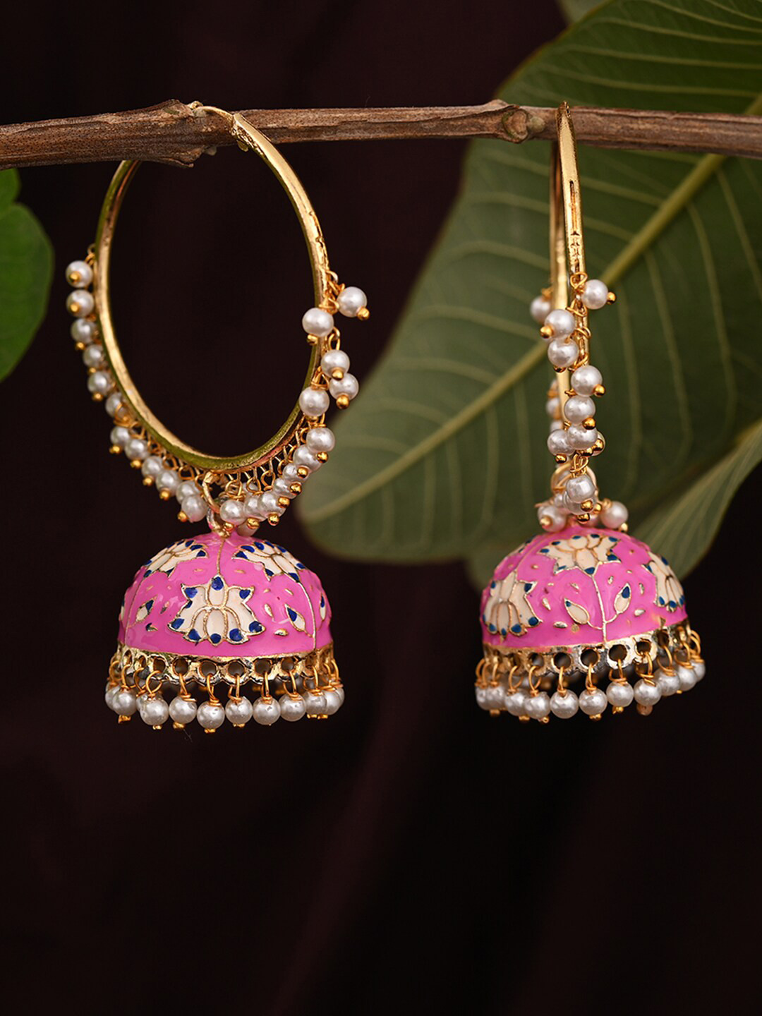 

VIRAASI Gold-Toned & Pink Meenakari Dome Shaped Hoop Earrings