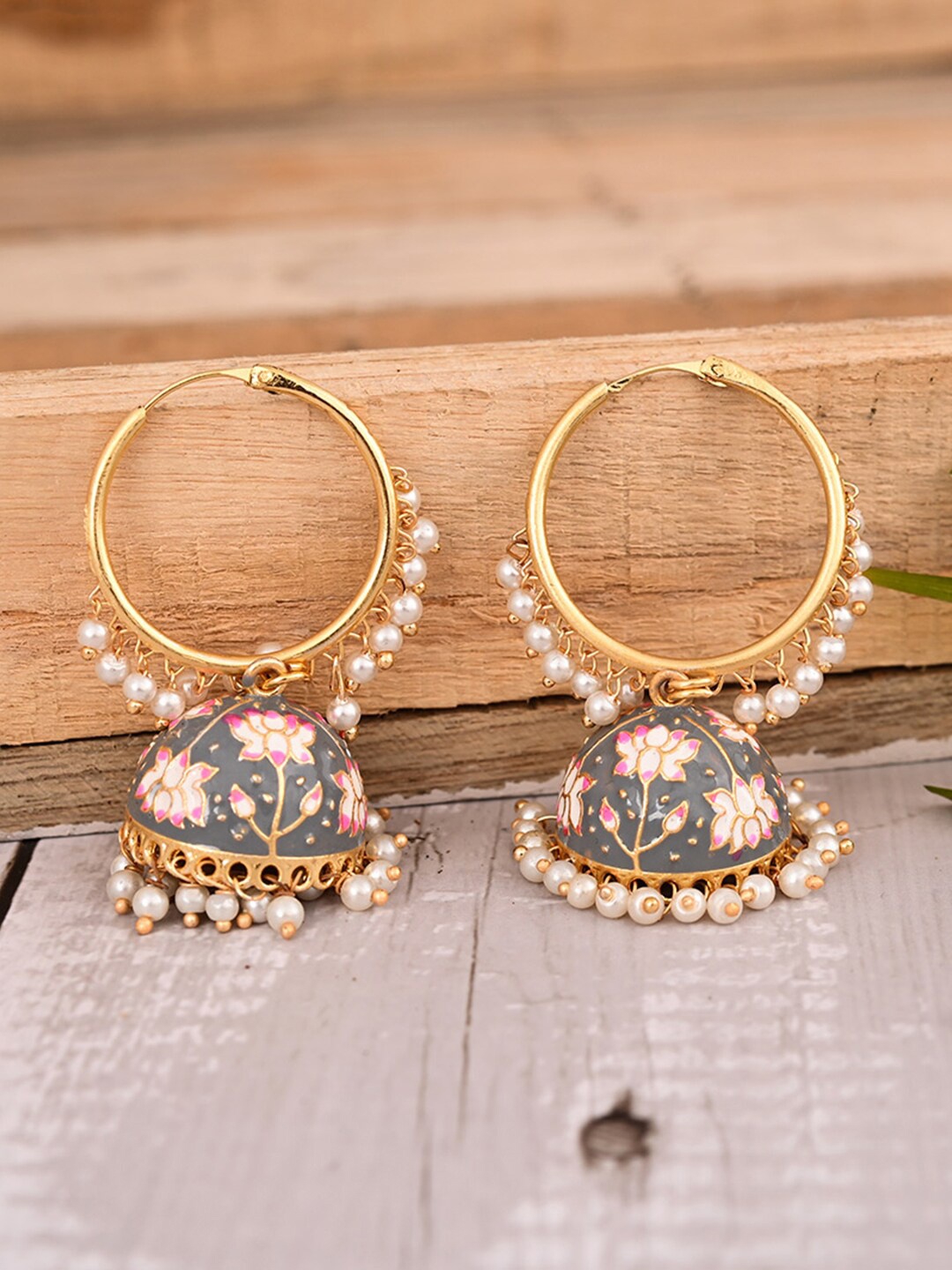

VIRAASI Grey & Gold-Toned Meenakari Contemporary Jhumkas Earrings