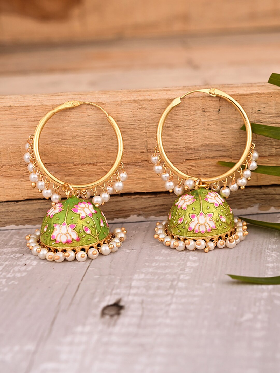

VIRAASI Gold-Toned & Green Contemporary Meenakari Jhumkas Earrings