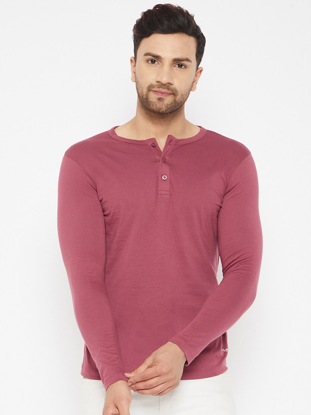 

Plagg Men Pink Solid Henley Neck Pure Cotton T-shirt