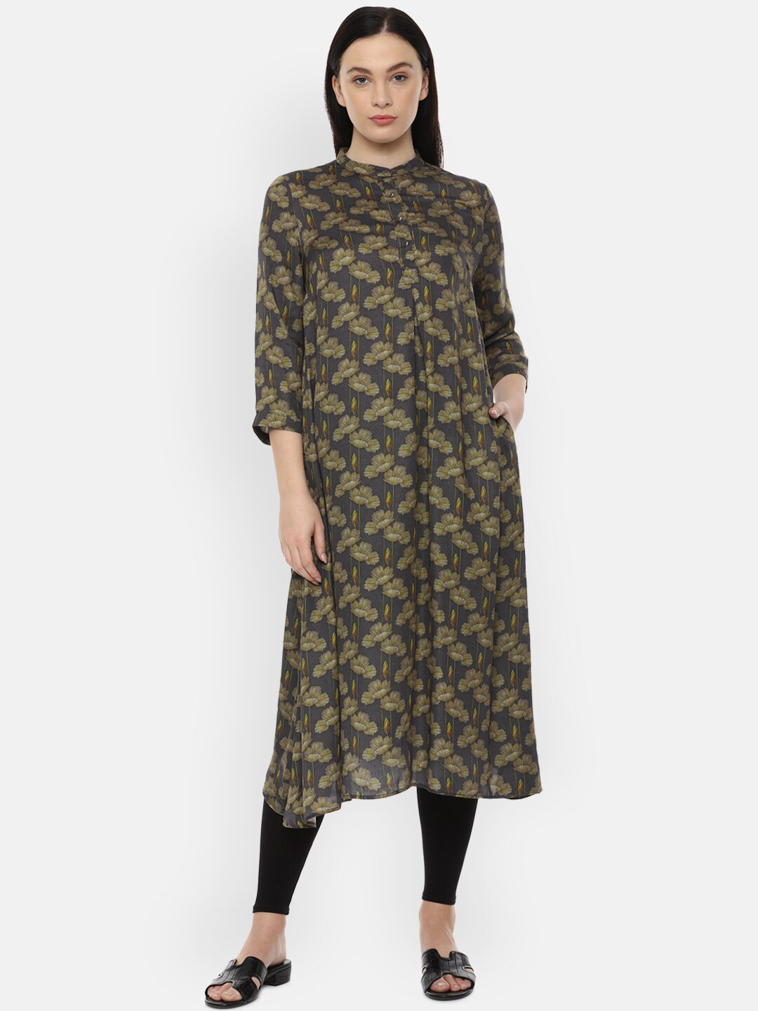 

Van Heusen Woman Grey & Green Modal Mandarin Collar Printed Tunic