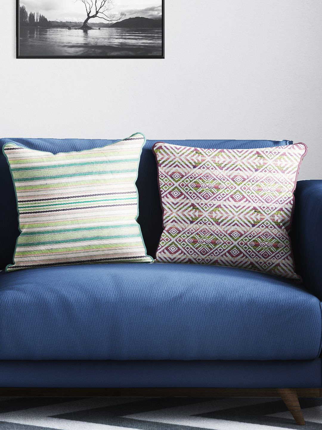 

BIANCA Set Of 2 Multicoloured Striped Tweed Luxury Square Cushion Covers, Multi