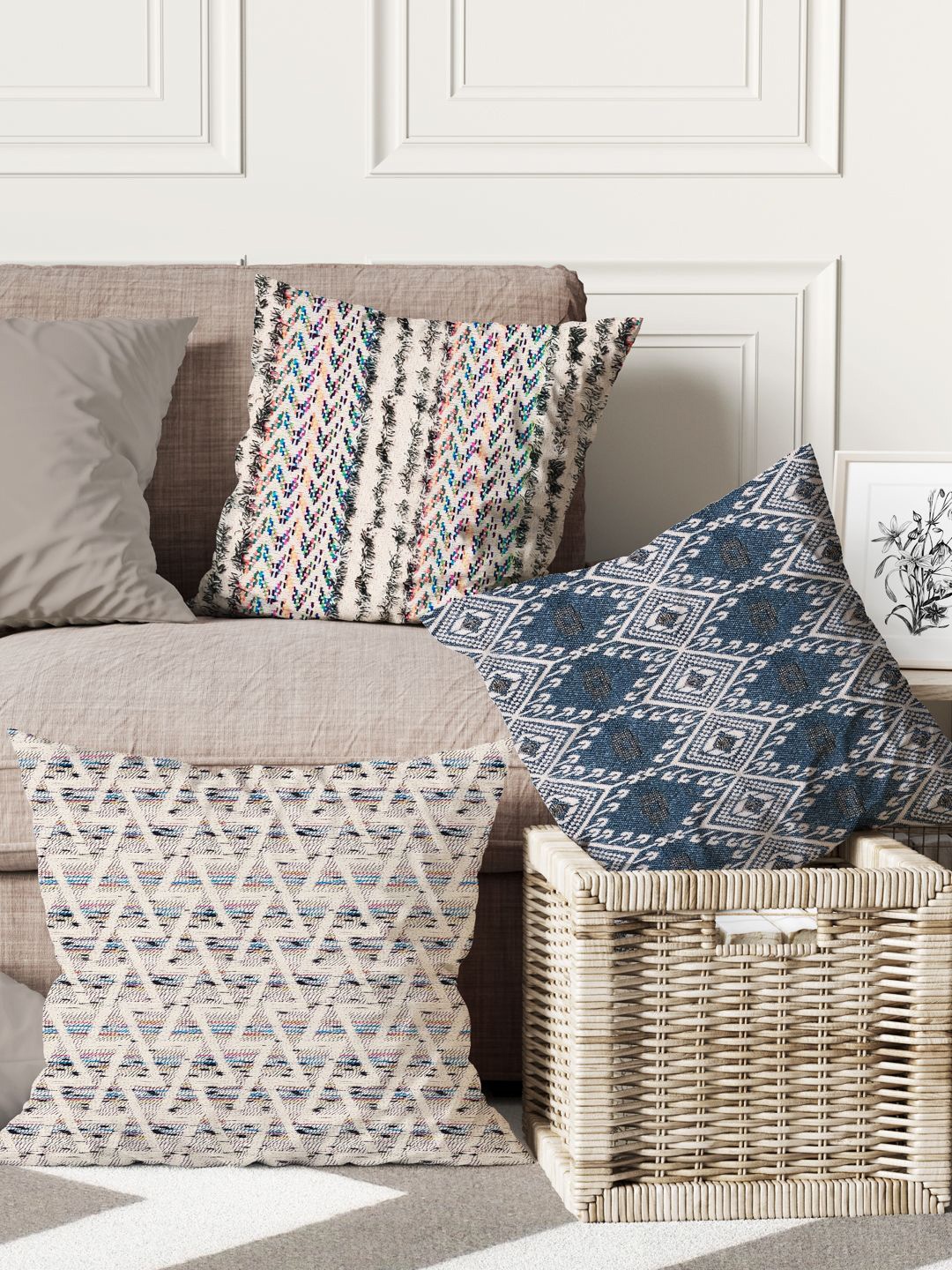 

BIANCA White & Blue Set of 3 Abstract Square Cushion Covers