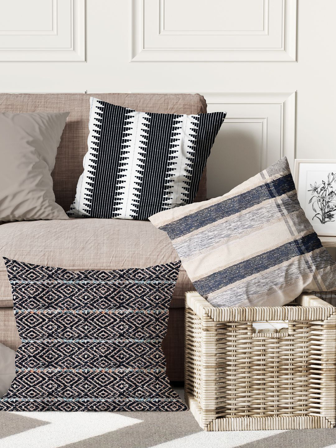 

BIANCA Black & White Set of 3 Geometric Tweed Square Cushion Covers