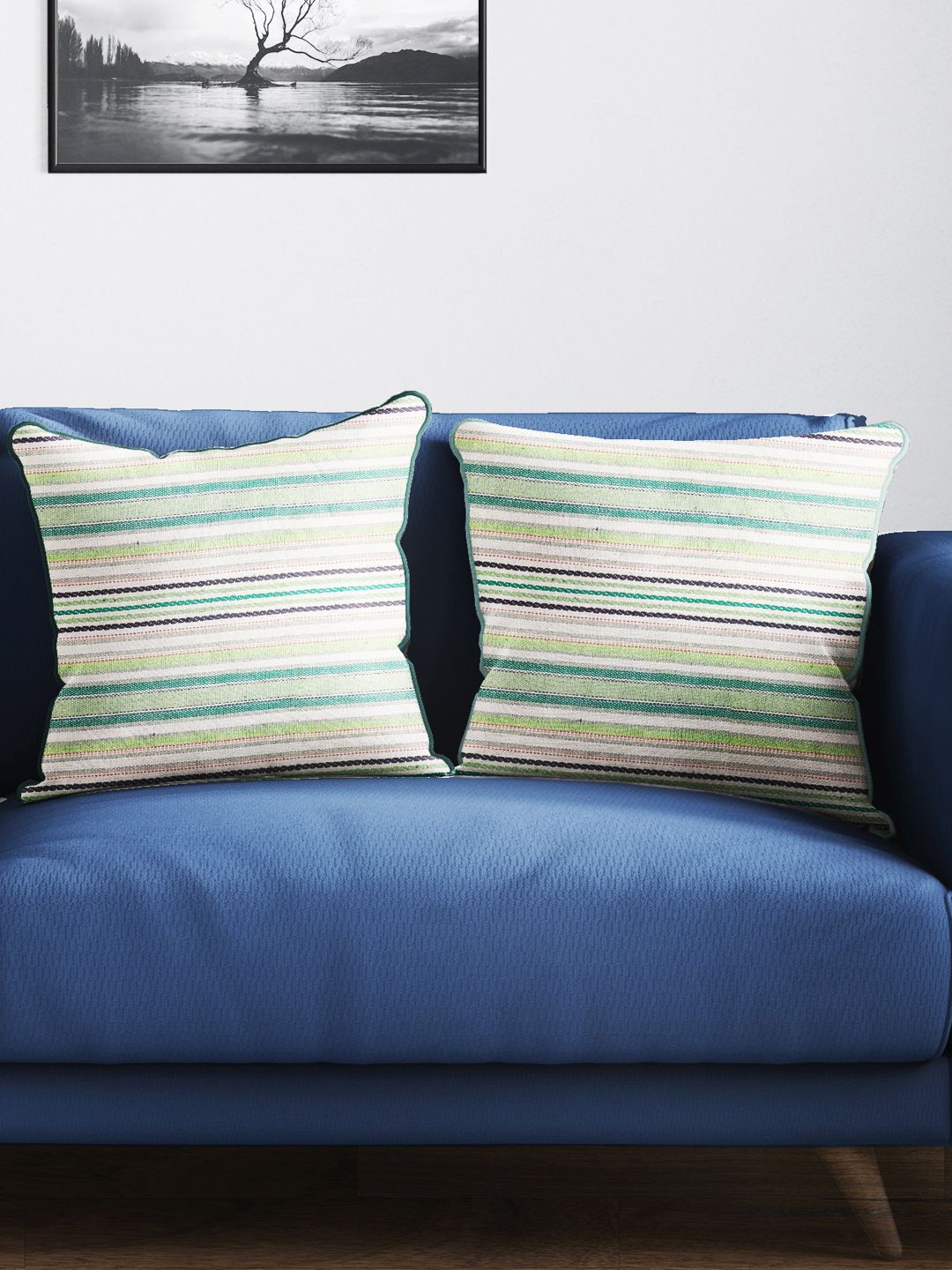 

BIANCA Set Of 2 Green & White Striped Tweed Luxury Square Cushion Covers