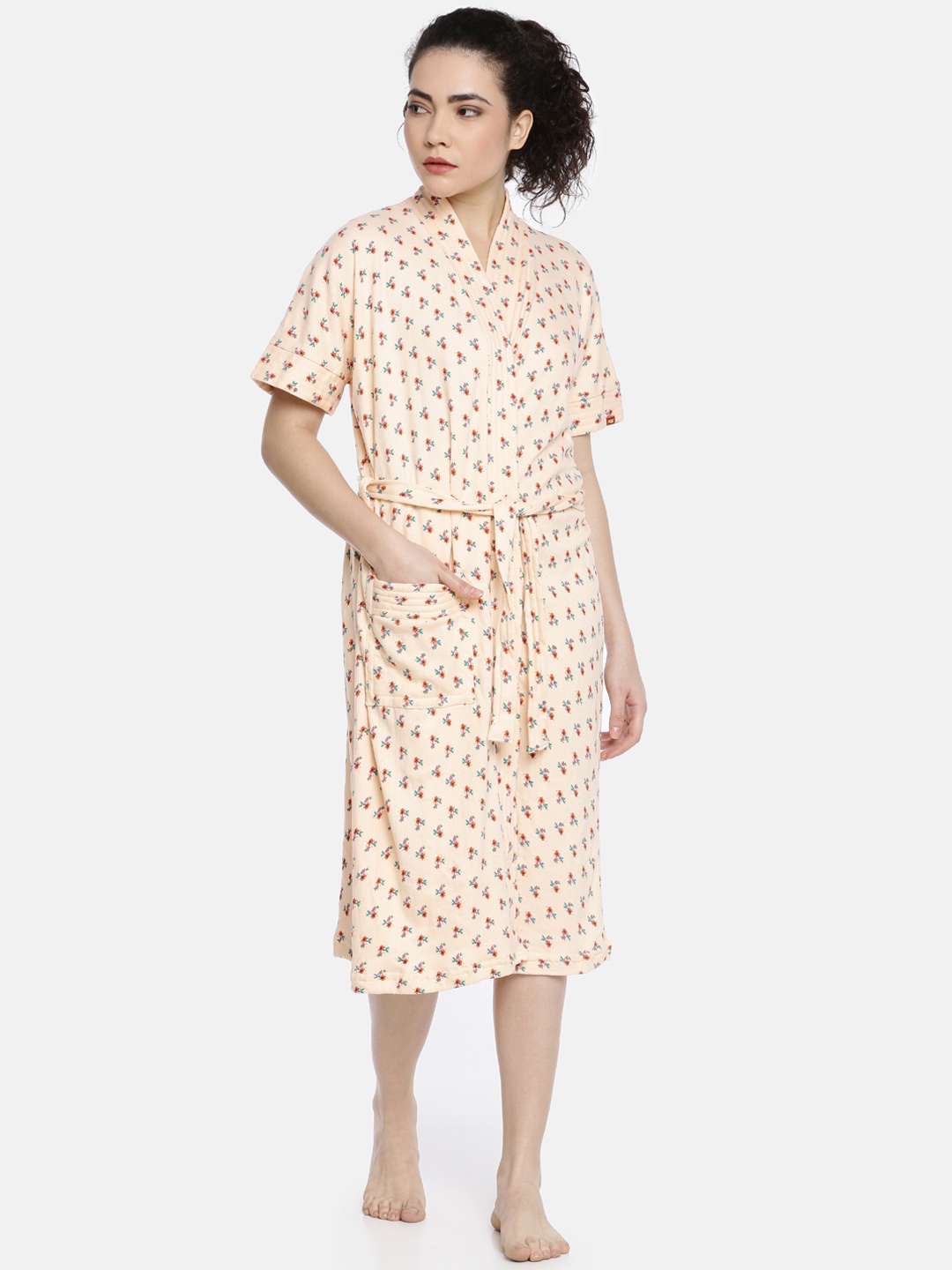 

GOLDSTROMS Women Peach-Coloured & Green Floral Printed Bath Robe