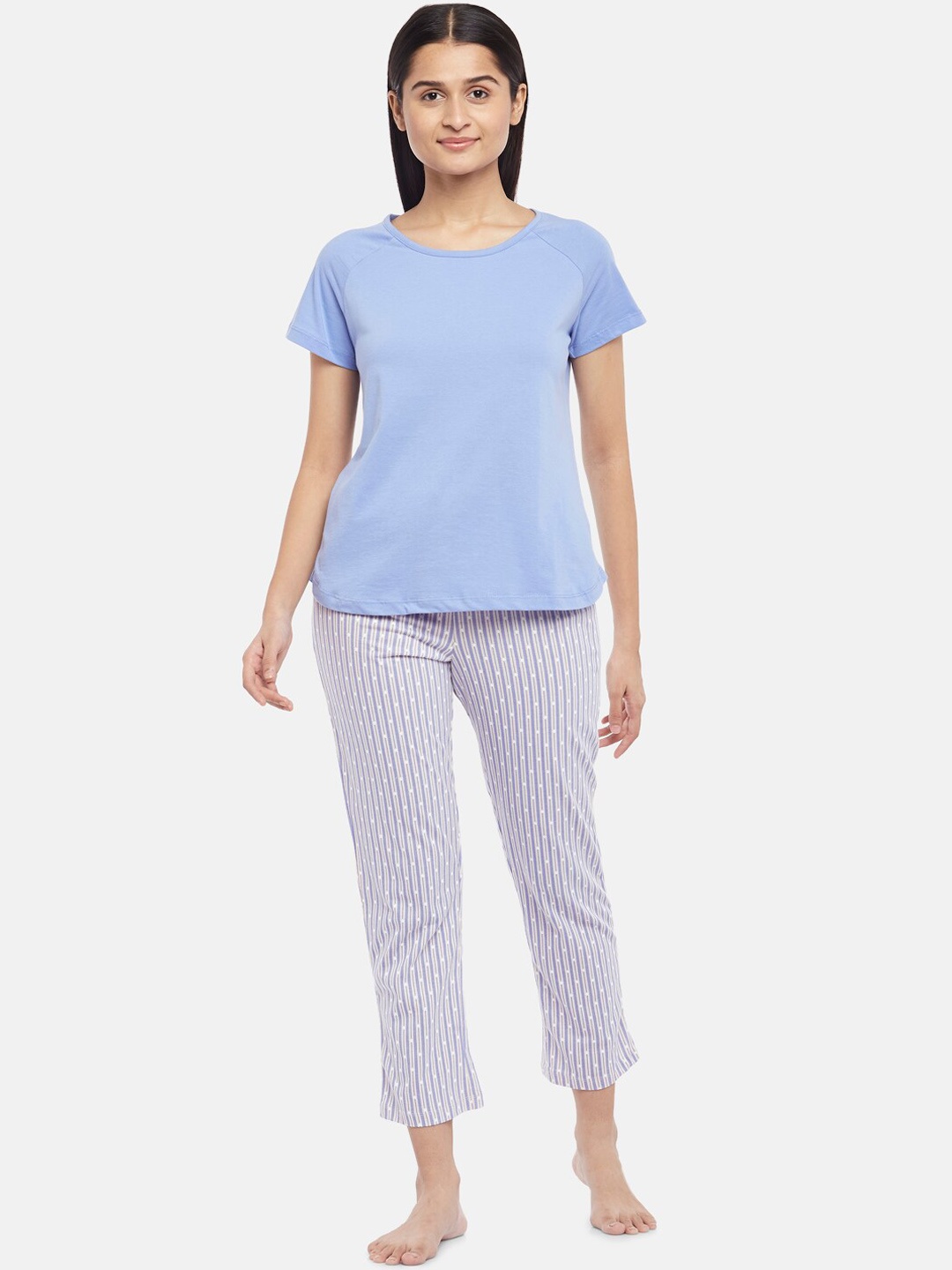 

Dreamz by Pantaloons Women Lavender & Blue Pure Cotton Night suit