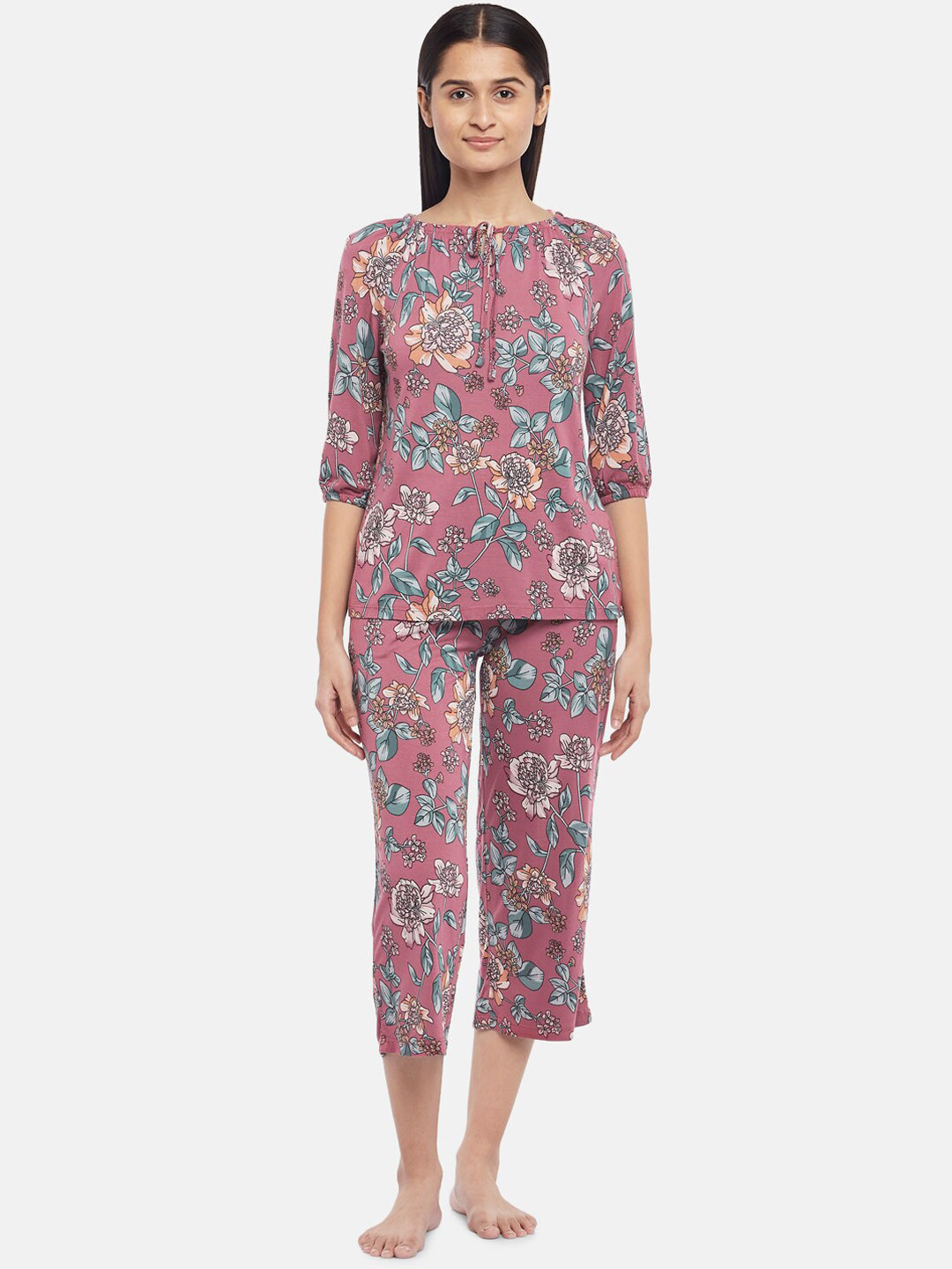 

Dreamz by Pantaloons Women Pink & Blue Floral Printed 2 Pc Night Suit