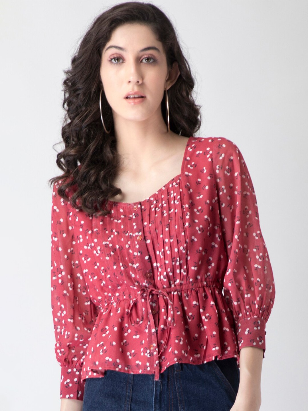 

FabAlley Red Floral Georgette Cinched Waist Top