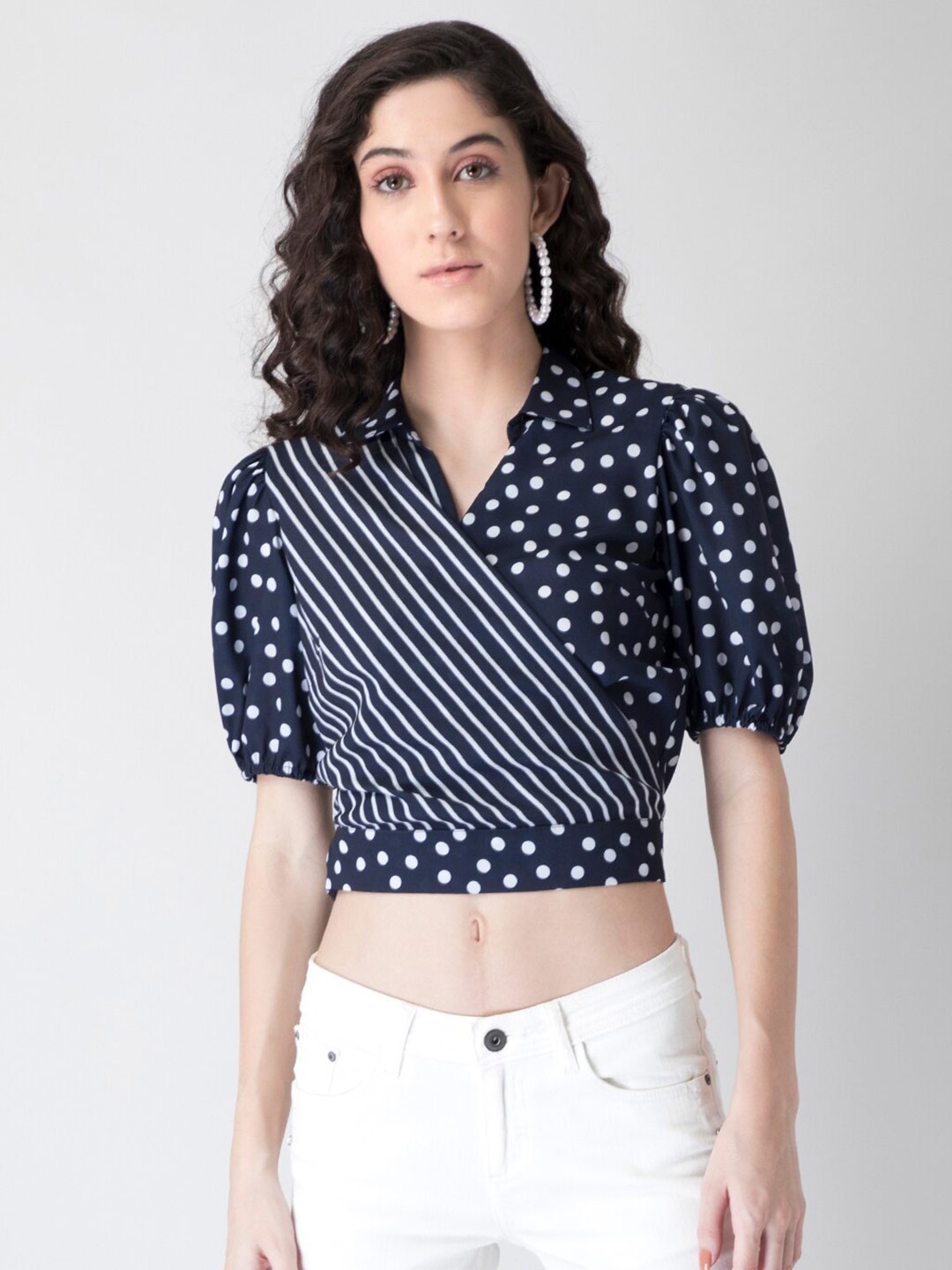 

FabAlley Navy Blue & White Striped Georgette Wrap Crop Top