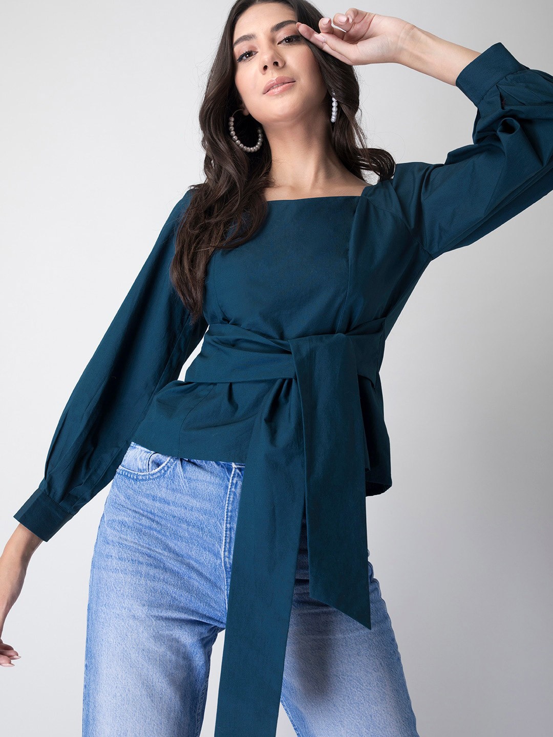 

FabAlley Blue Sweetheart Neck Cinched Waist Pure Cotton Top
