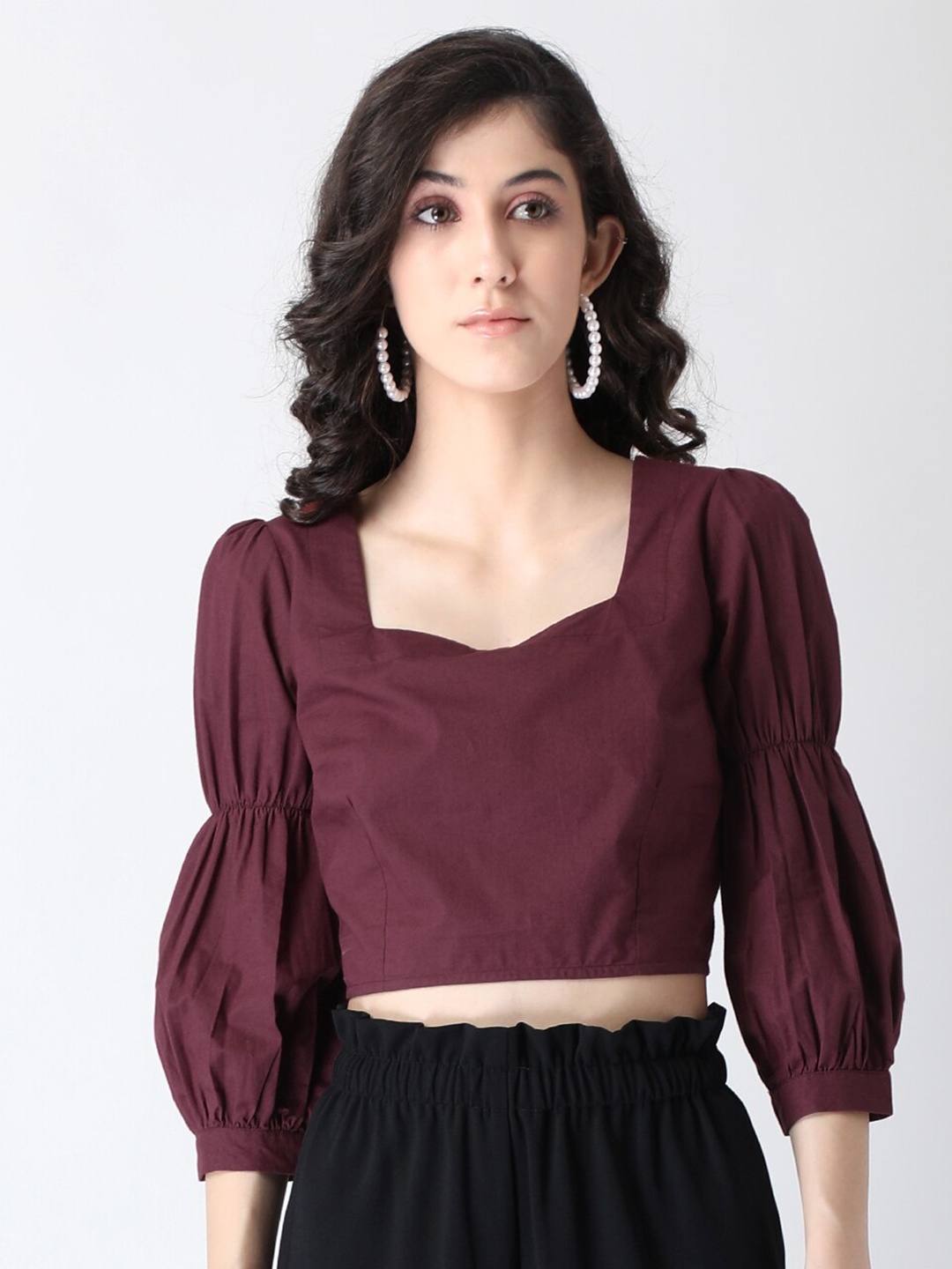

FabAlley Maroon Sweetheart Neck Cotton Regular Crop Top
