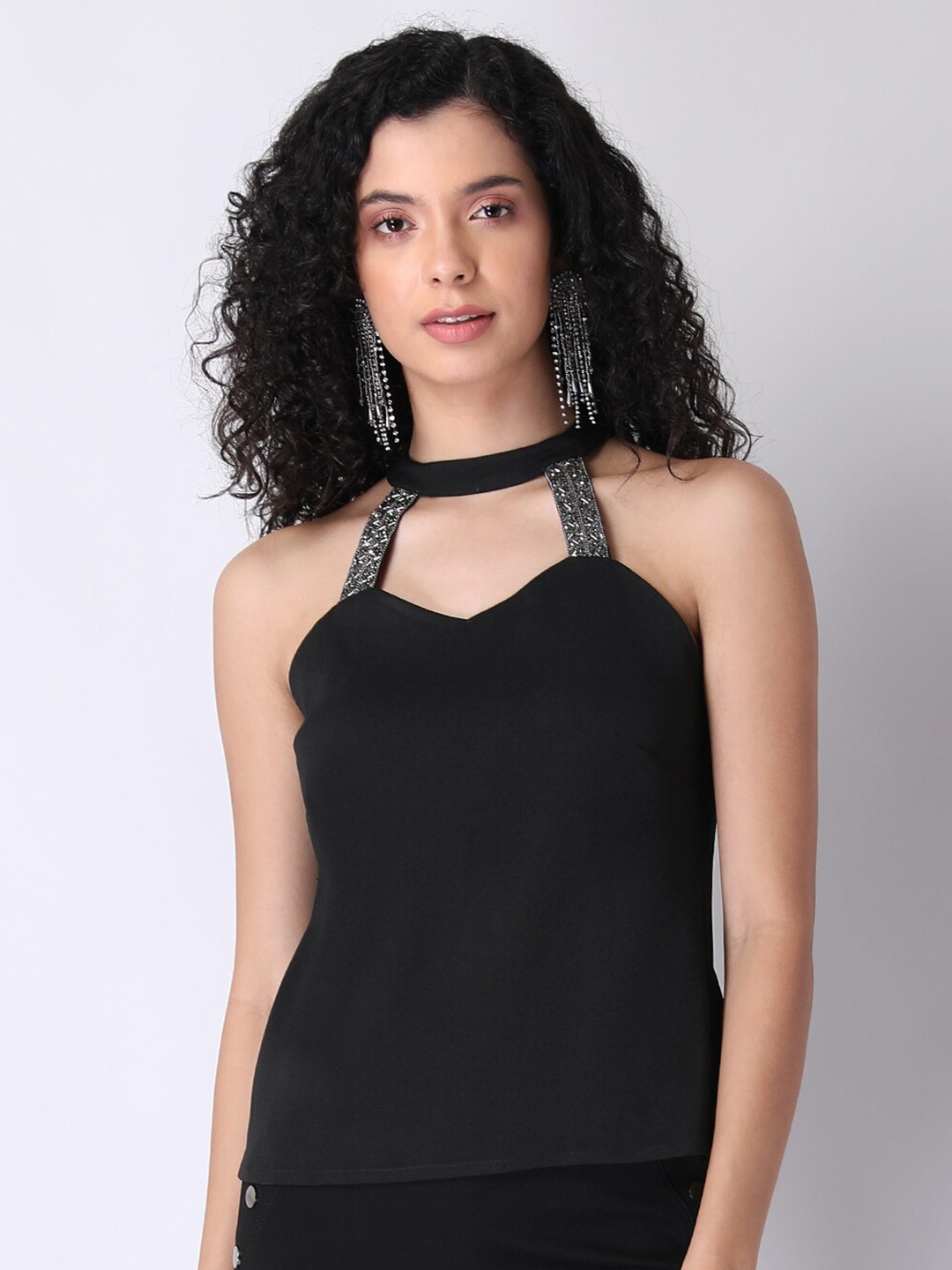 

FabAlley Black Embellished Halter Neck Crepe Regular Top