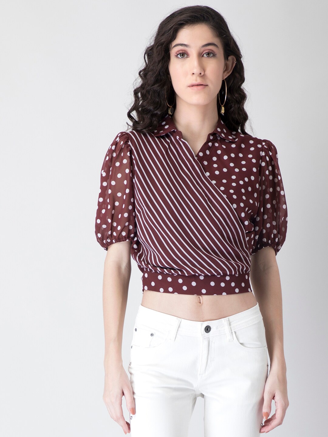 

FabAlley Brown & White Striped Georgette Wrap Crop Top