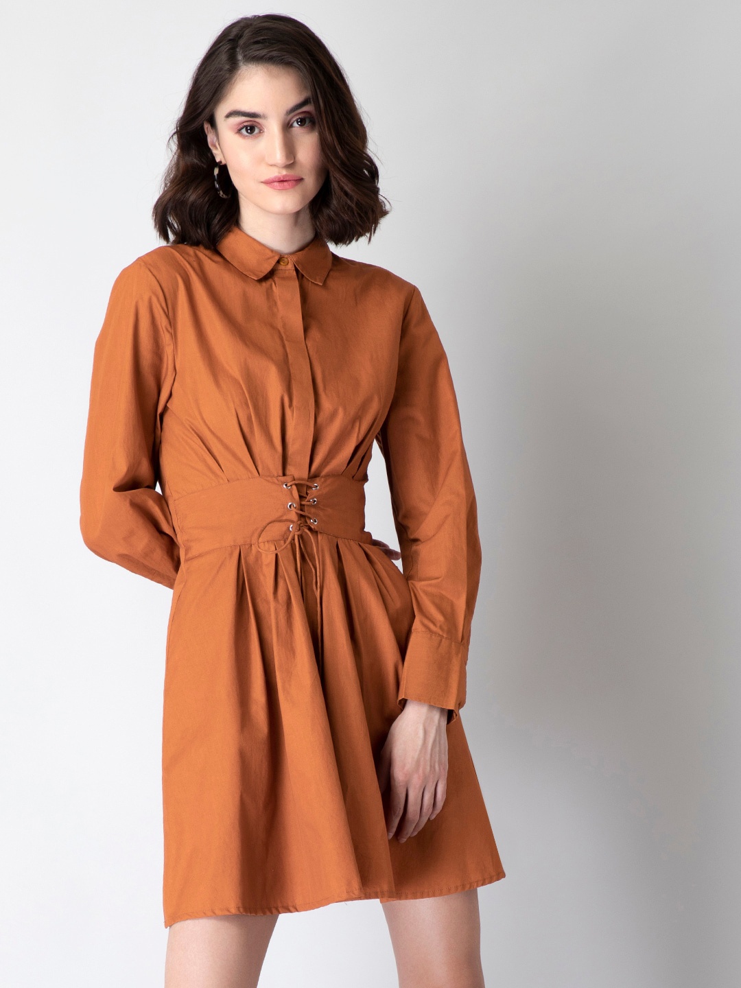

FabAlley Brown Cotton Corset Belted Shirt Dress
