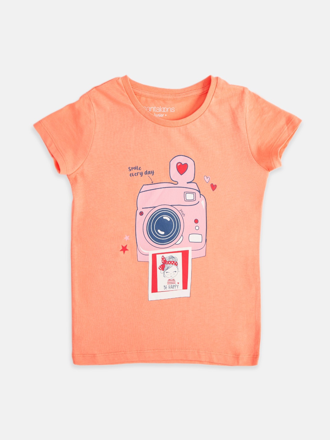 

Pantaloons Junior Girls Pure Cotton Peach-Coloured Graphic Printed T-shirt