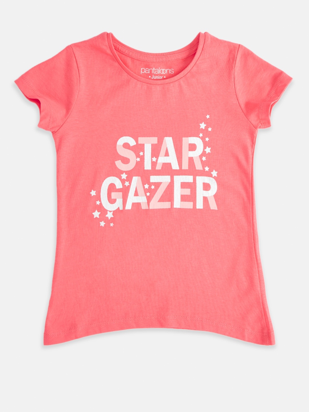 

Pantaloons Junior Girls Coral Pink & White Typography Printed Pure Cotton T-shirt