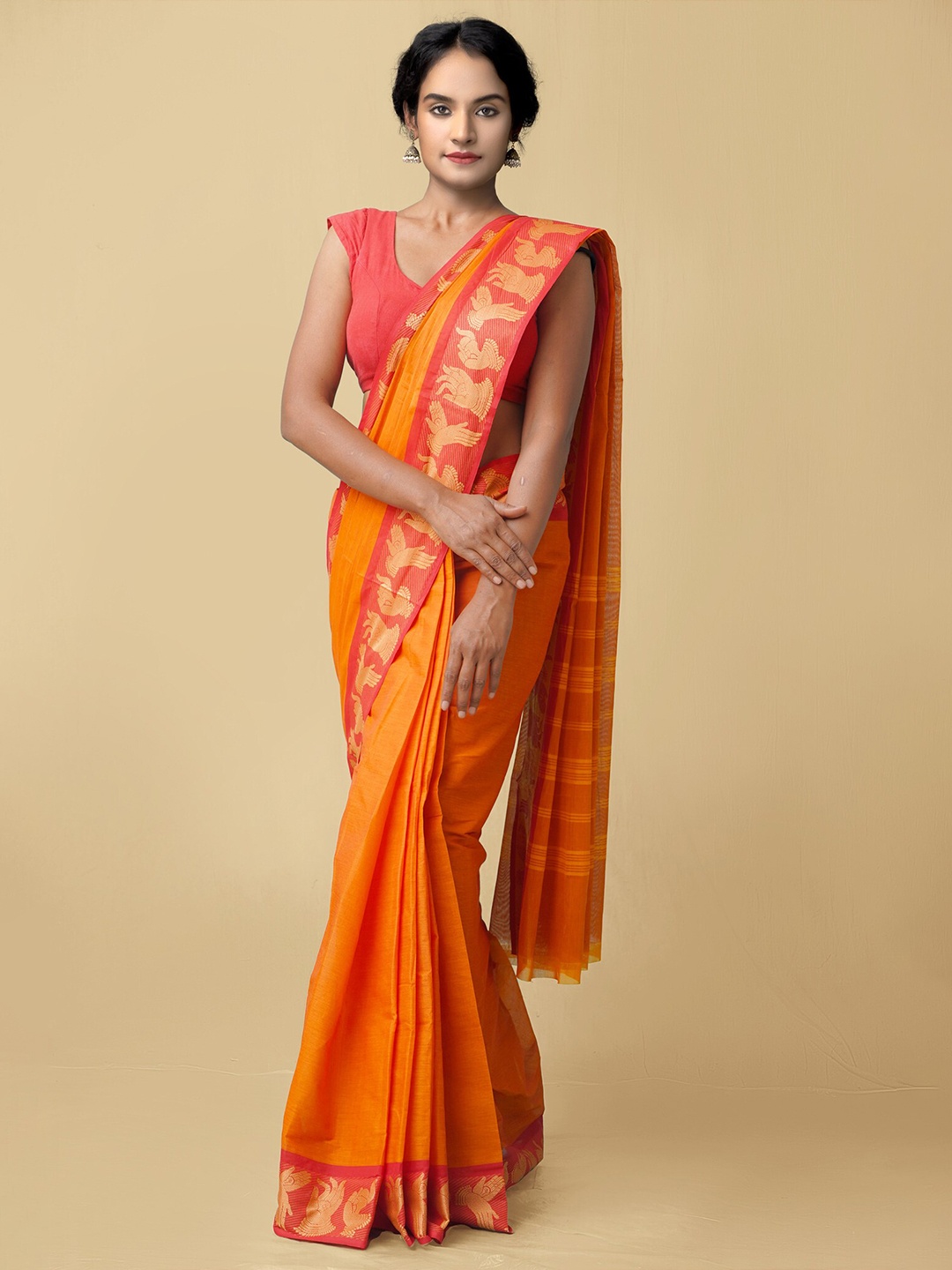 

Unnati Silks Orange & Red Pure Cotton Pavani Chettinad Saree
