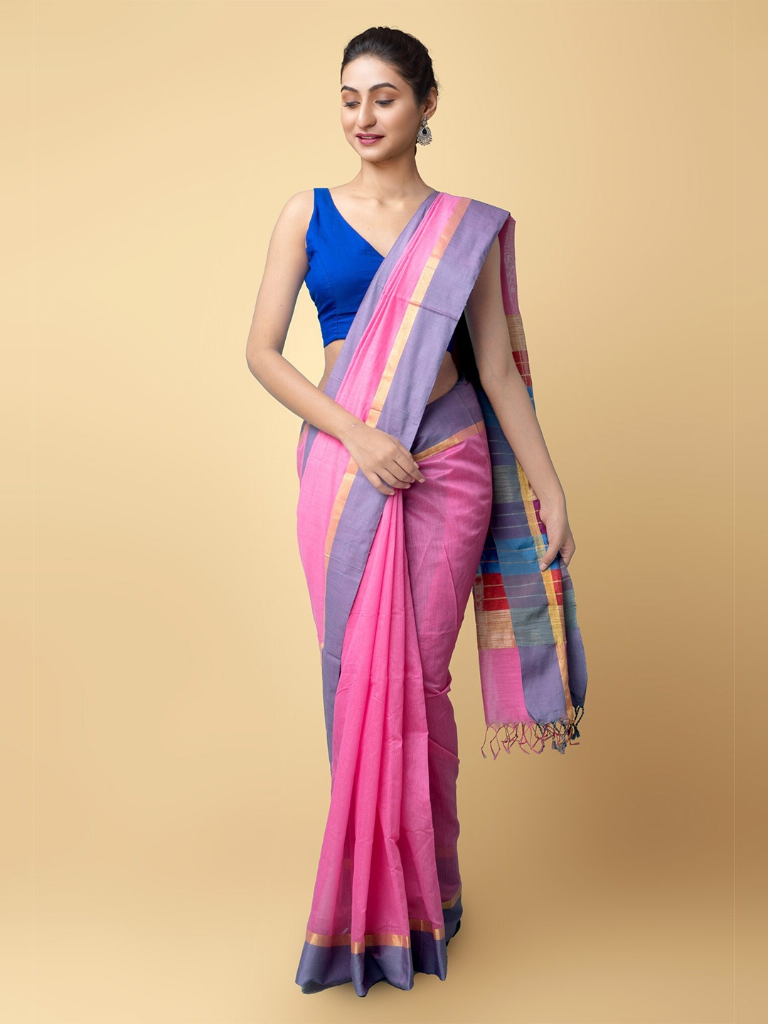 

Unnati Silks Pink & Blue Silk Blend Chanderi Saree