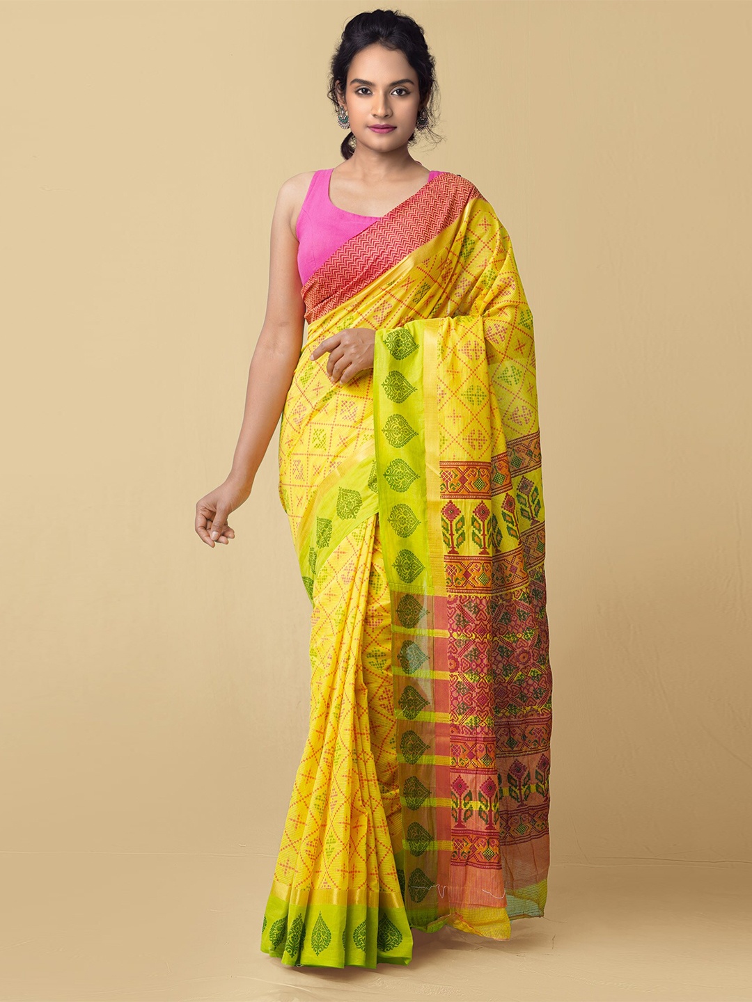 

Unnati Silks Yellow & Green Ethnic Motifs Pure Cotton Block Print Saree