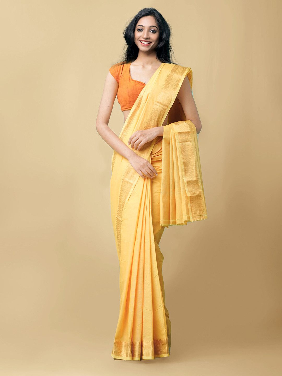 

Unnati Silks Orange Silk Cotton Mangalagiri Saree