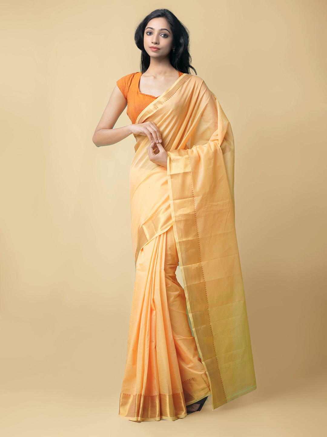 

Unnati Silks Orange & Gold-Toned Zari Silk Cotton Mangalagiri Saree