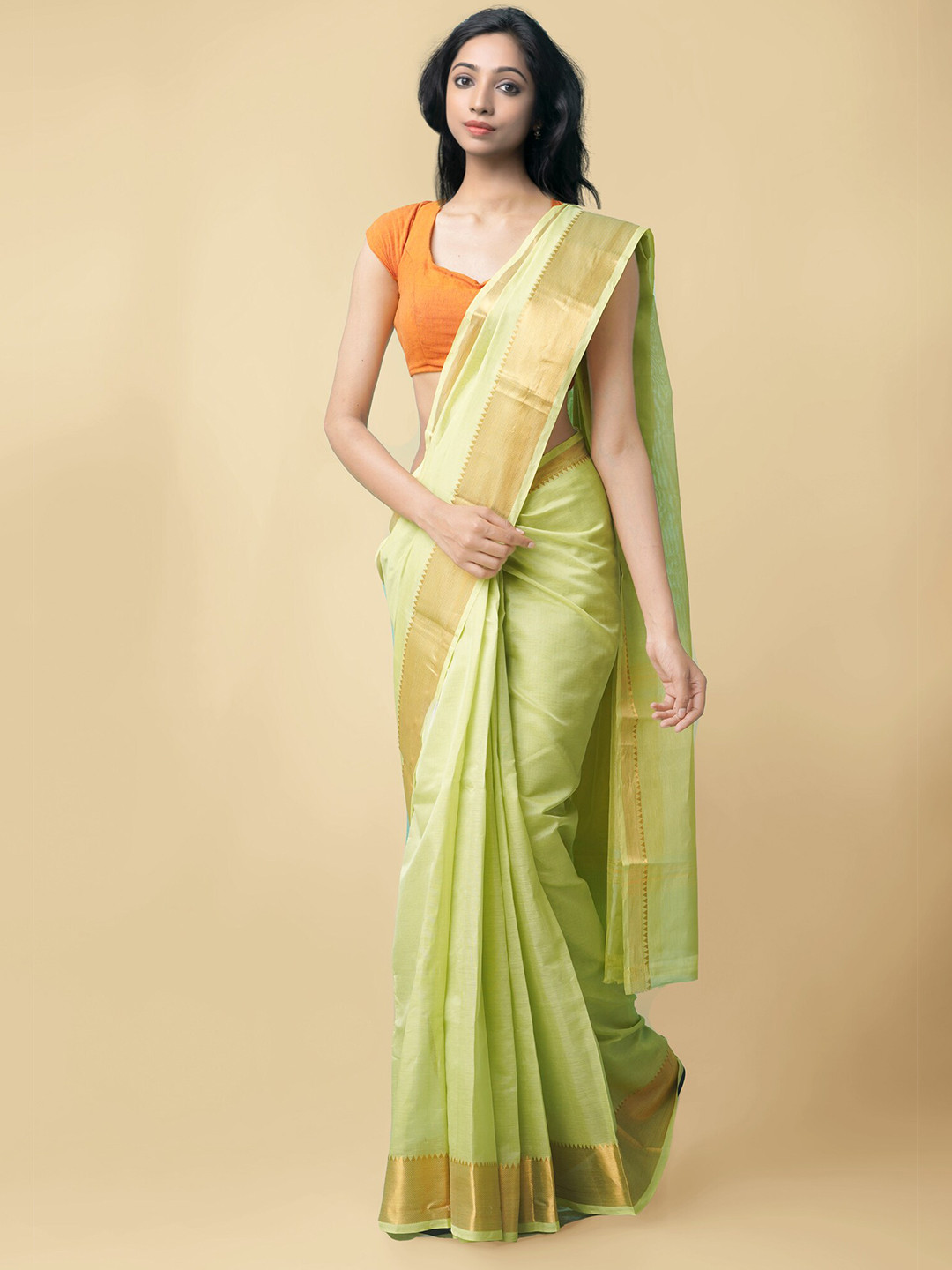 

Unnati Silks Green & Gold-Toned Zari Silk Cotton Mangalagiri Saree
