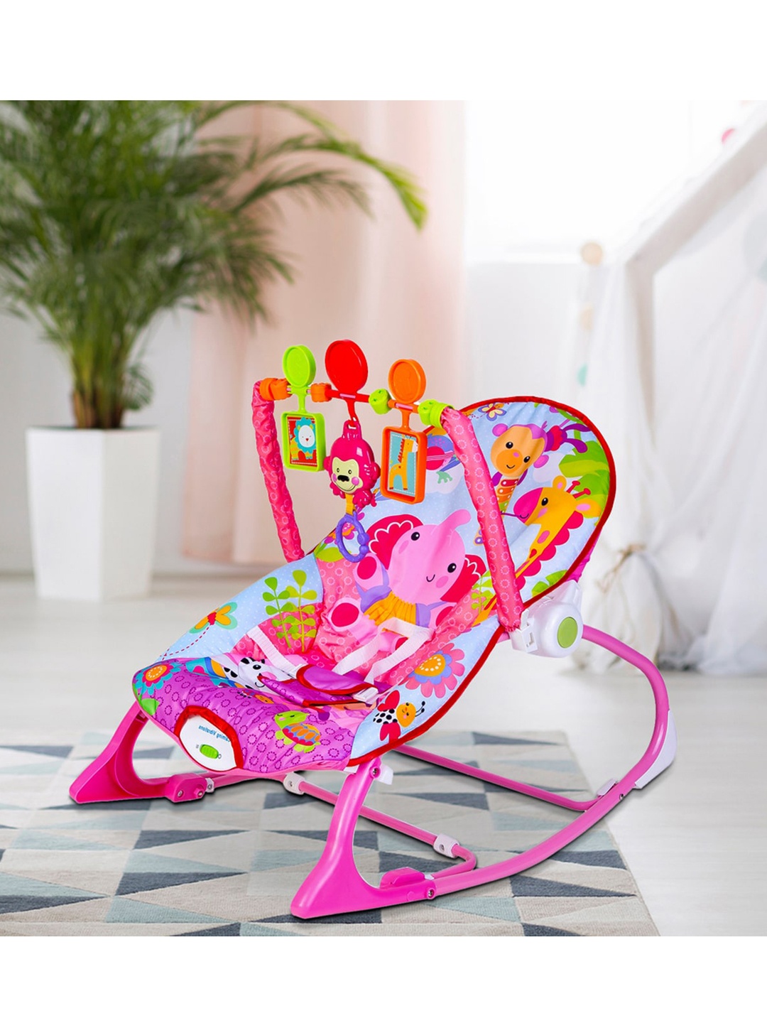 

Baby Moo Kids Pink & Red Printed Bouncer With Hanging Toys