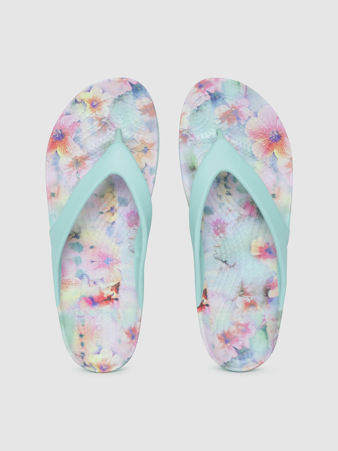 

Crocs Women Aqua Blue & Pink Floral Colourblocked Croslite Thong Flip-Flops