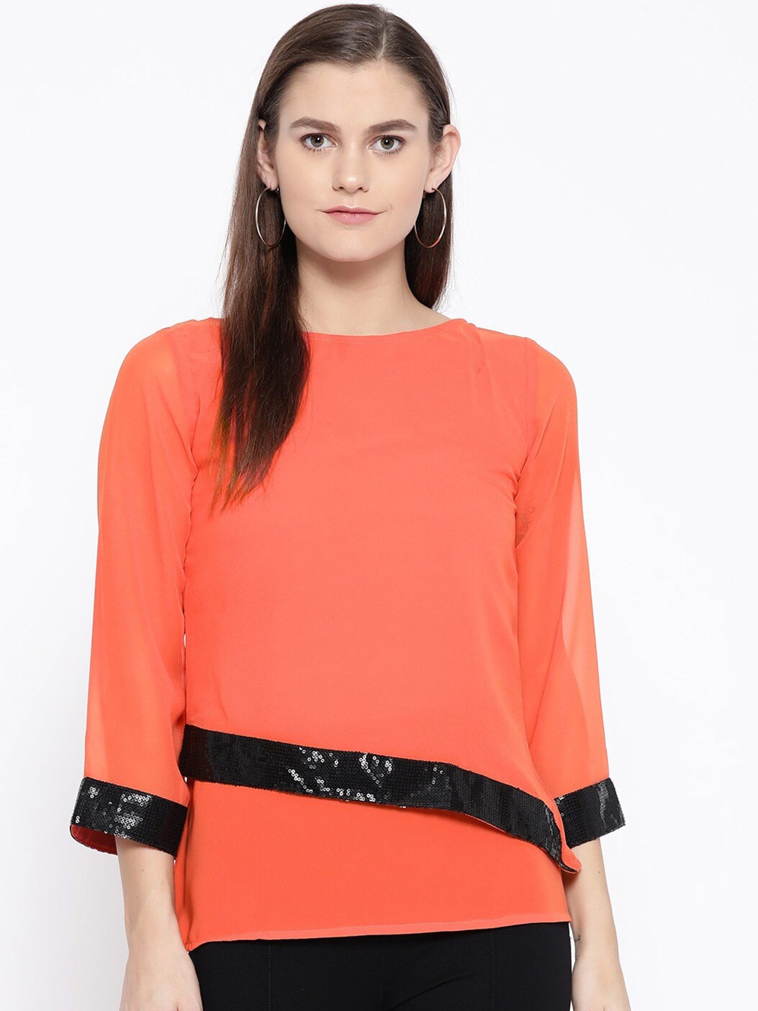 

Cottinfab Peach-Coloured Sequined Detail Regular Top