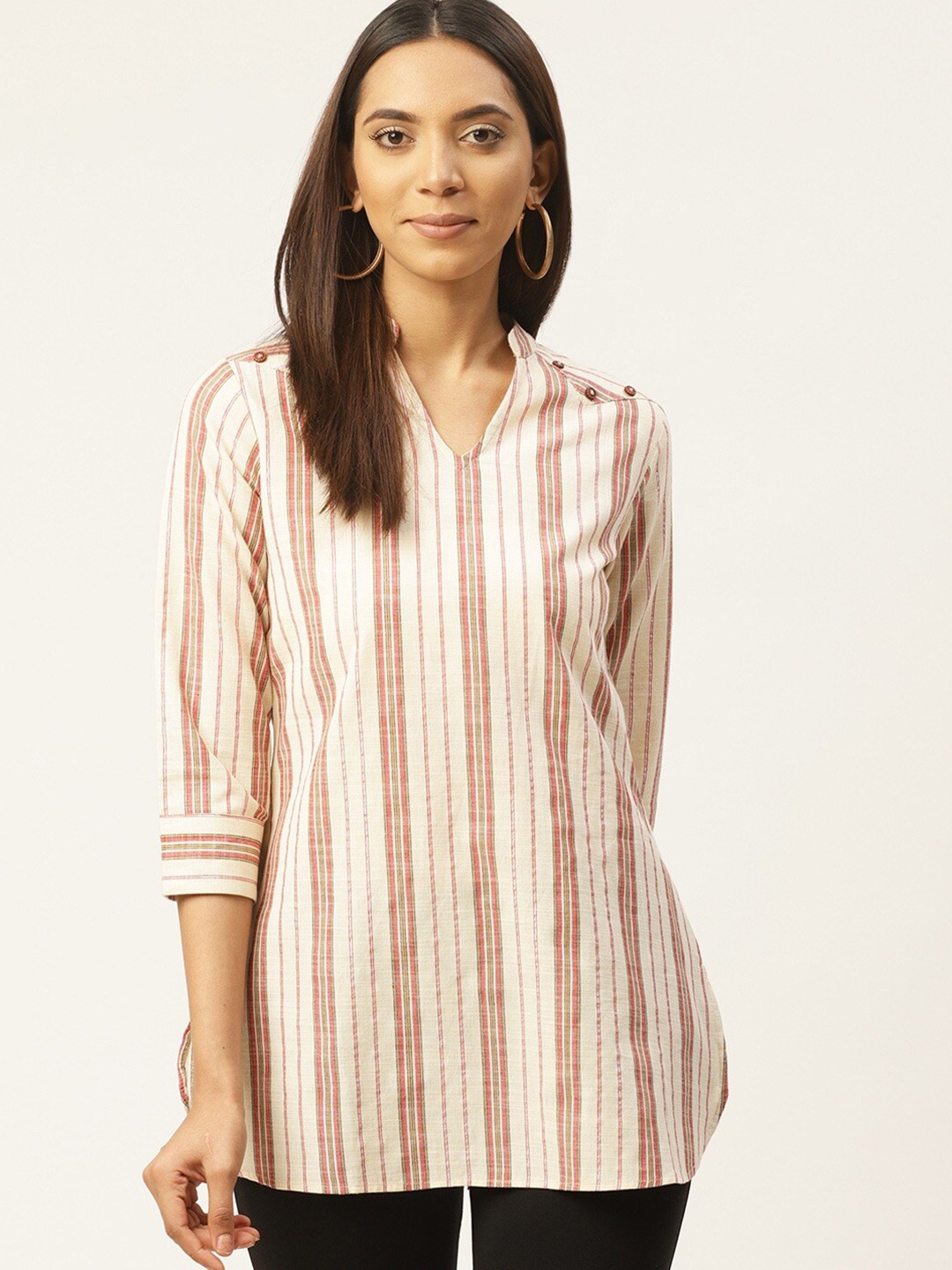 

Cottinfab Off White & Red Striped Mandarin Collar Longline Regular Top