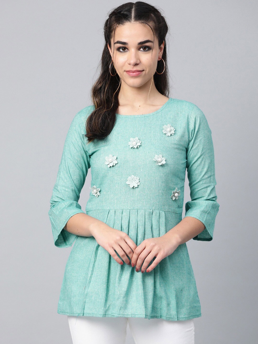 

Cottinfab Green Floral Applique Pleated A-Line Top