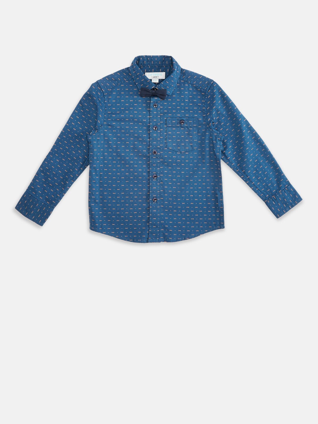 

Pantaloons Junior Boys Pure Cotton Teal Printed Casual Shirt With Navy Blue Bow