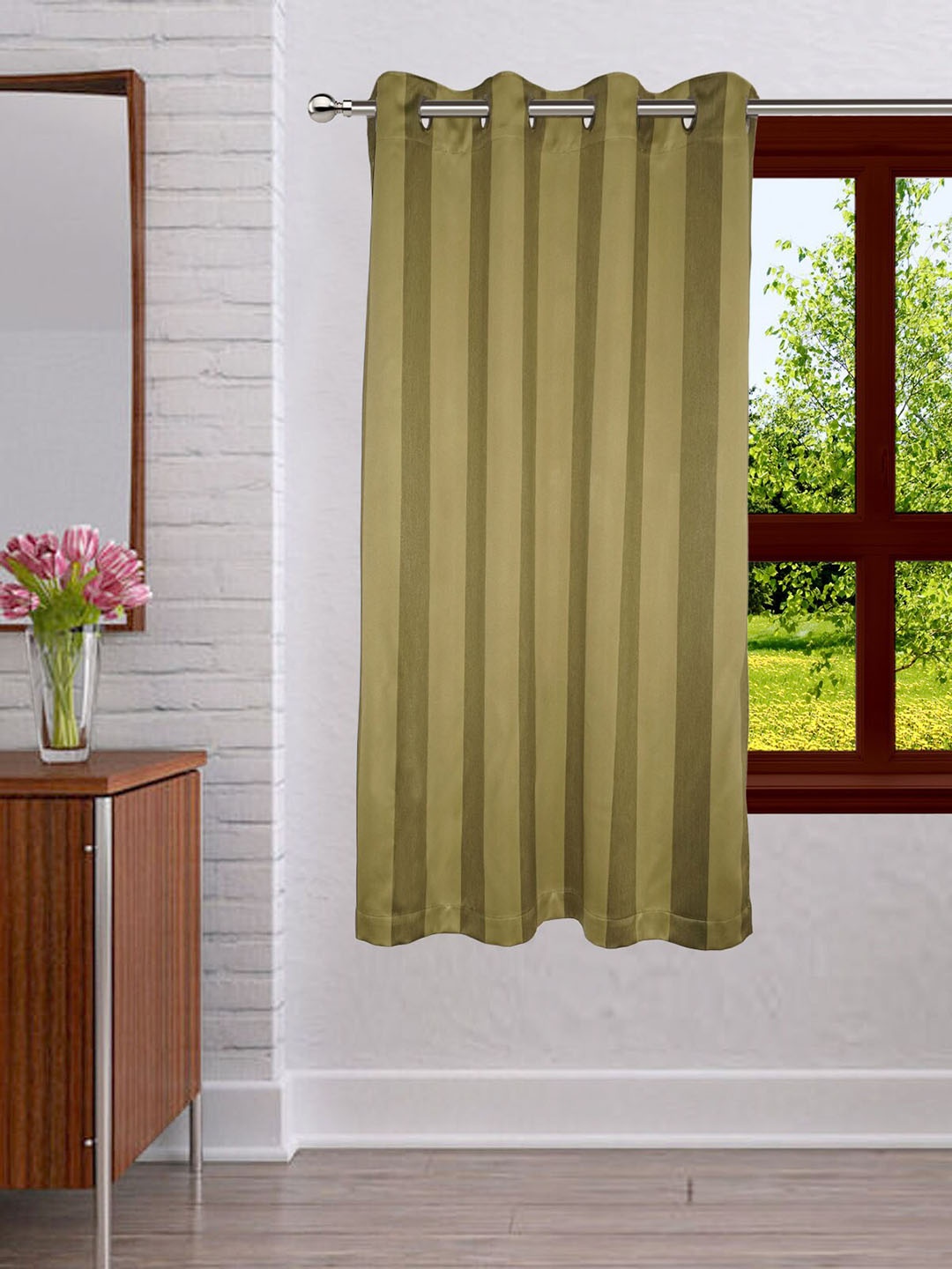 

Lushomes Green Striped Regular Window Curtains