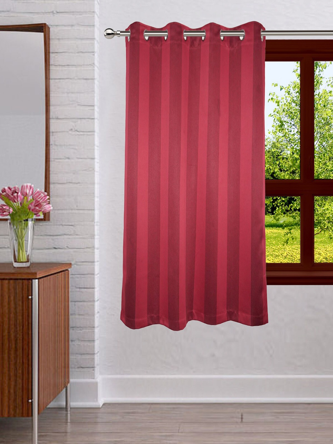 

Lushomes Maroon Striped Black Out Window Curtain