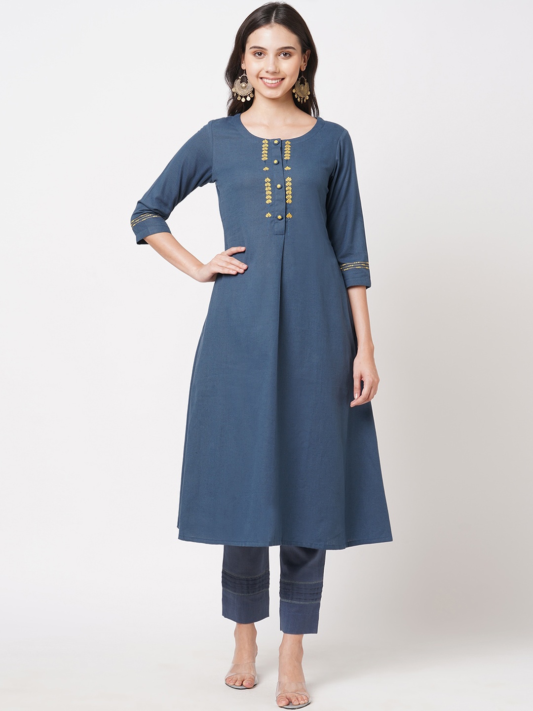 

KAMI KUBI Women Blue Embroidery Detail Pleated A-Line Kurta